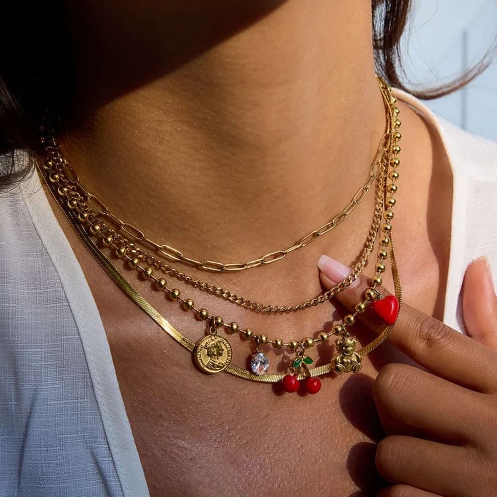 Golden Memories Beaded Cherry Teddy Bear Necklace - Picture 2 of 10